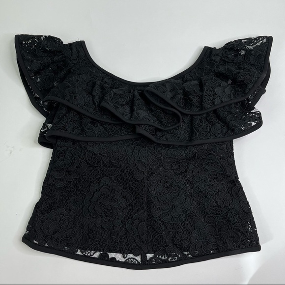 Alexis Crista Ruffled Off-the-Shoulder Black Embroidered Thick Lace Dressy Top - Picture 5 of 15